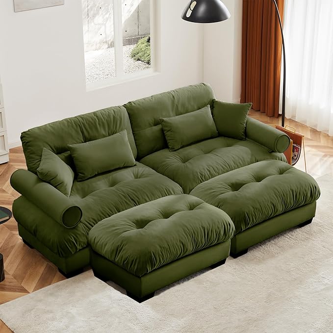 KEIKI 94" Oversized Velvet Modular Sectional Loveseat Sofa with 2 Ottoman, High-Density Foam Cushions and Bolstered Armrests, Upholstered 2-Seater Cloud Couch with 4 Pillow, for Living Room, Green