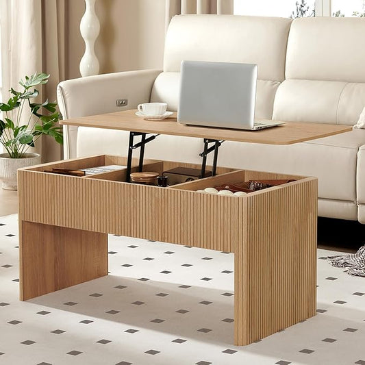 ORRD Fluted Lift Top Coffee Table, Farmhouse Coffee Table with Hidden Compartment, Rising Top Center Table with Storage, Mid Century Rectangular Center Tables for Living Room (Natural)