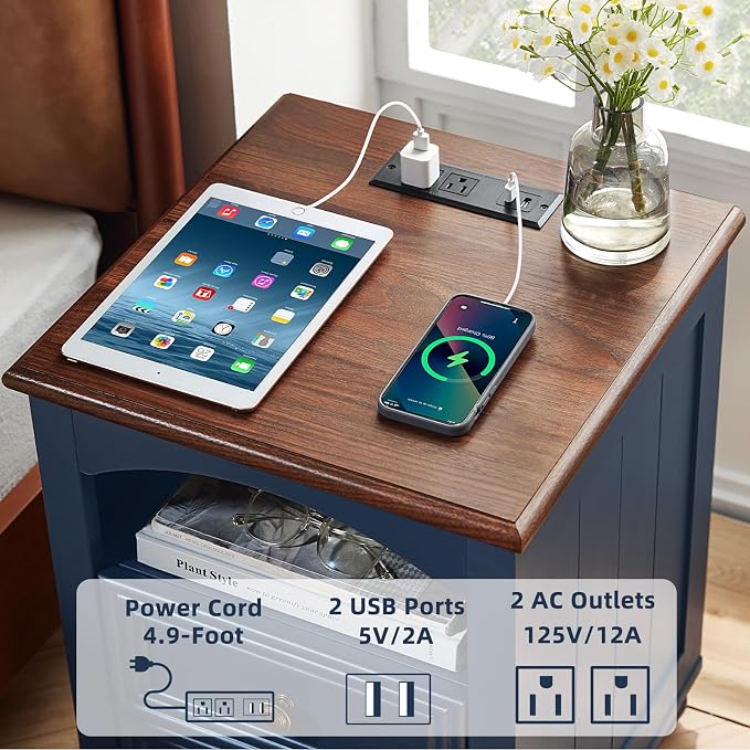 RWYHG 18" Farmhouse Night Stand Set of 2 with Charging Station, Wood Blue Nightstand with 2 Drawers, Bedside End Table with Shelf Storage, Bed Side Tables for Bedroom, Living Room, and Closet - Image 6