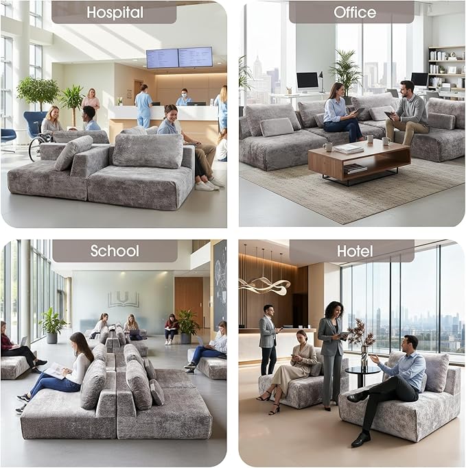 Modular Sectional Sofa, 3-Piece Grey Plush Velvet Couch Loveseat, No-Assembly Compressed Deep-Seat 3-Seat for Living Rooms Apartments Family Spaces