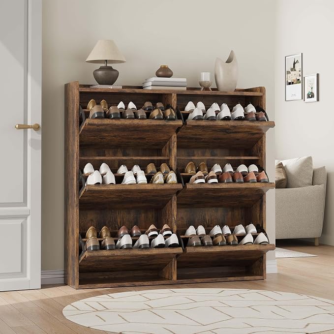 GarveeHome Shoe Cabinet with 6 Flip Drawers, Wooden Shoe Organizer Cabinet with Adjustable Shelf, Shoe Storage for Entryway, Hidden Shoe Cabinet for Hallway, Living Room, Rustic Brown - Image 3
