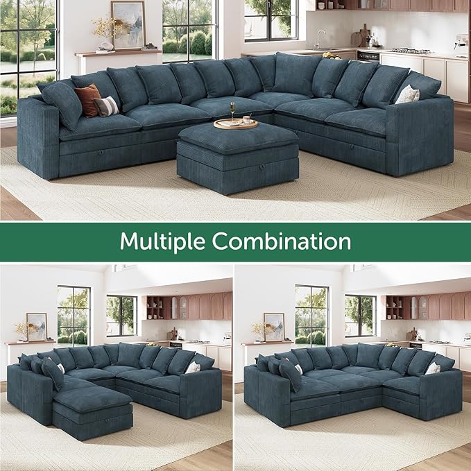 HONBAY Modular Sectional Sofa with Ottoman, 7 Seat U Shaped Couch with Storage & Pillows, 137 Inch Oversized Sectional Sofa for Living Room, Blue