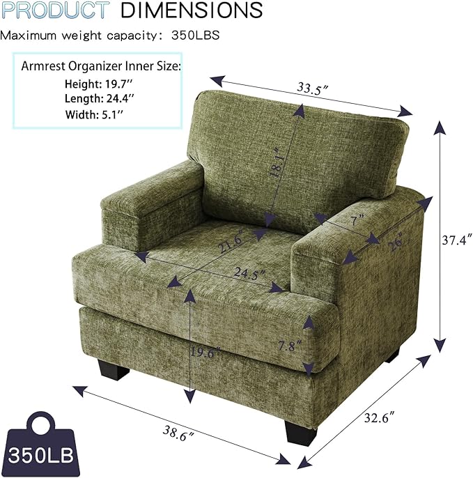 Oversized Living Room Chairs Set of 2,Comfy Accent Chair with Armrest Organizer,Upholstered Modern Armchair Thick Cushion,Big Reading Chair,Sofa Chair for Bedroom,Green