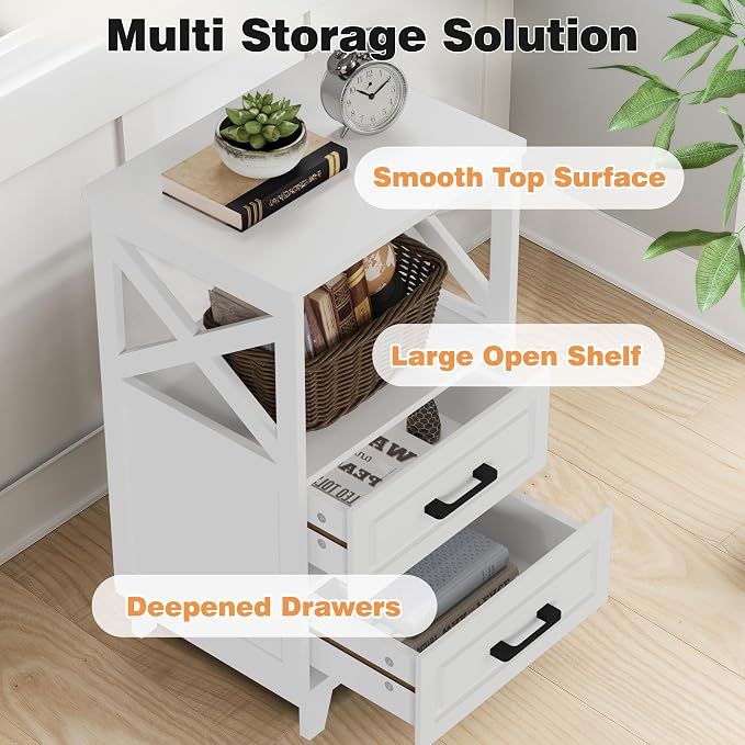May in Color White Nightstand Set of 2, Tall Side Table, Farmhouse End Table with 2 Large Storage Drawers Cabinet, Wooden Rustic Bedside End Table for Bedroom, Home Office, White - Image 5