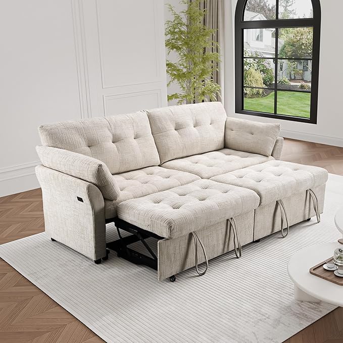 Casaphoria 3 in 1 Sofa Bed with Wheels & USB Port – Convertible Sleeper Sofa L-Shaped Pull-Out Bed for Living Room Apartment 3-Seater Couch in Beige