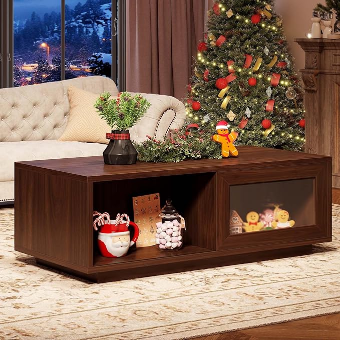 HSH Coffee Table for Living Room, Long Rectangle Coffee Table with Storage, Farmhouse Wood Low Coffee Tables, 2-Tier Wood Desktop Center Tea Table with Open Shelf, Walnut