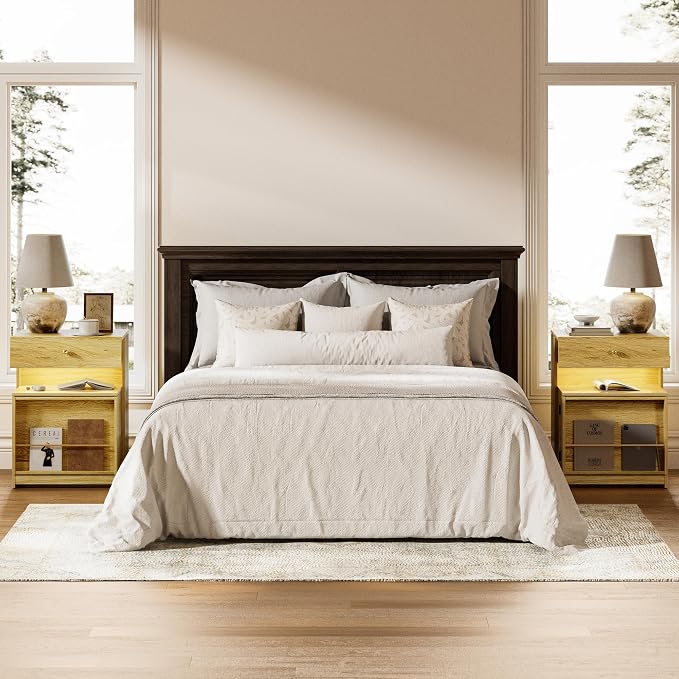 Night Stand with Charging Station, Modern LED Nightstand with Sliding Drawer & Storage Cabinet, Wood Bedside Table End Side Table for Bedroom Small Space, Natural Oak - Image 9