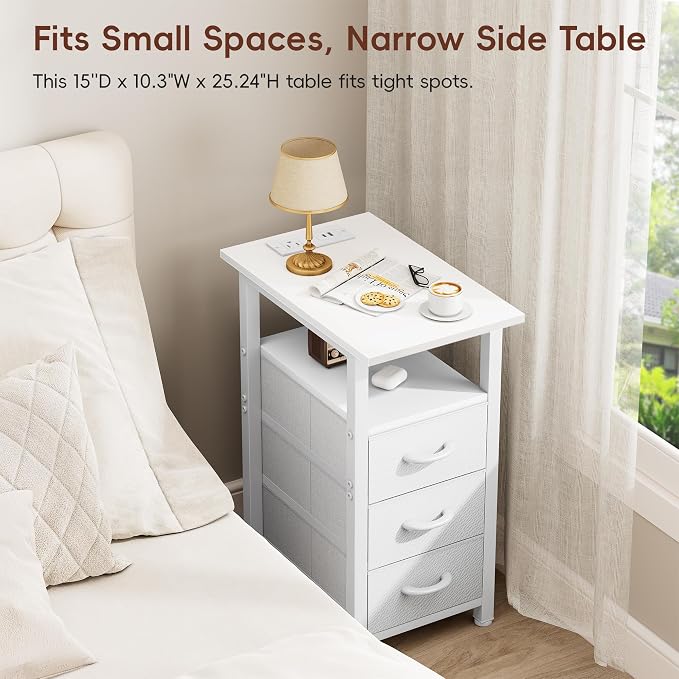 Vagusicc White Nightstand with Charging Station and LED Lights, Narrow End Table, LED Nightstand with 3 Fabric Drawers for Bedroom, Small Bedside Table, Narrow Side Table for Small Spaces, White - Image 4