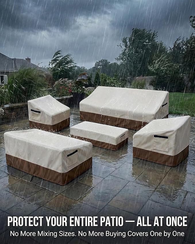 5 Piece Patio Furniture Cover Set, Waterproof Outdoor Furniture Covers for 3-Seater Sofa, Loveseat, Chairs & Coffee Table, Heavy Duty 600D Lawn Patio Set Covers, UV-Resistant All-Season, Beige&Brown - Image 4