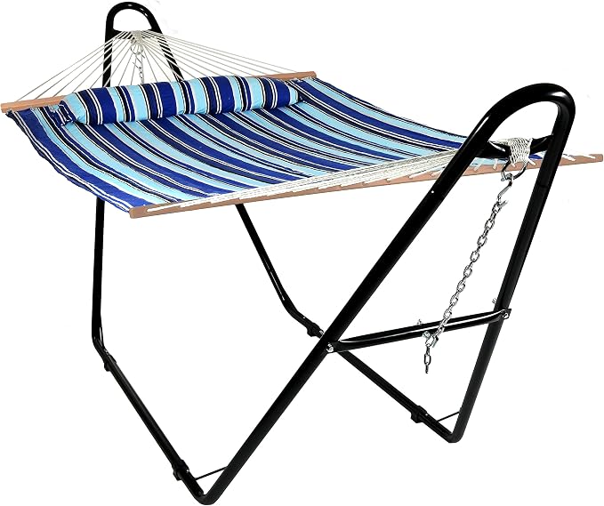 Sunnydaze Double Quilted Fabric Hammock with Universal Steel Stand - 450-Pound Capacity - Black Stand - Catalina Beach by SunnydazeDecor