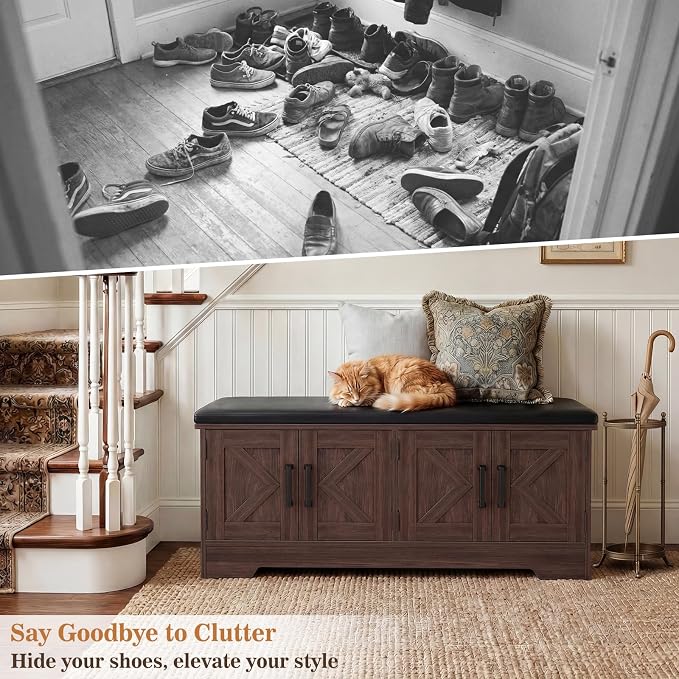 Farmhouse Shoe Storage Bench with Cushion - 43.3" Entryway Bench with Storage & 4 Barn Doors, 2-Tier Wooden Shoe Rack Bench, Shoe Cabinet & Mudroom Bench for Bedroom Hallway Living Room, Black Walnut - Image 4