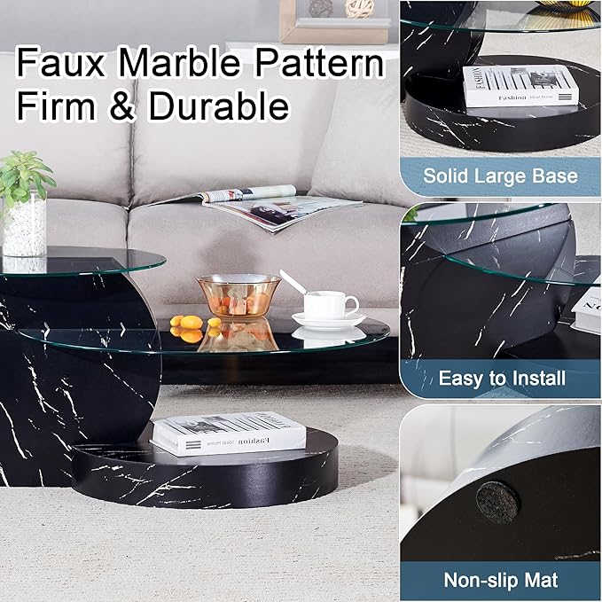 35.4" Glass Coffee Table, Round Coffee Table, 2-Tier Tempered Glass Tabletop with Black Faux Marble Base, Modern Center Table for Living Room, Home, Apartment, Ideal for Small Space