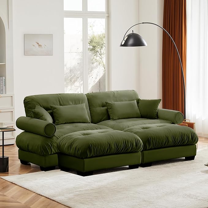 KEIKI 94" Oversized Velvet Modular Sectional Loveseat Sofa with 2 Ottoman, High-Density Foam Cushions and Bolstered Armrests, Upholstered 2-Seater Cloud Couch with 4 Pillow, for Living Room, Green