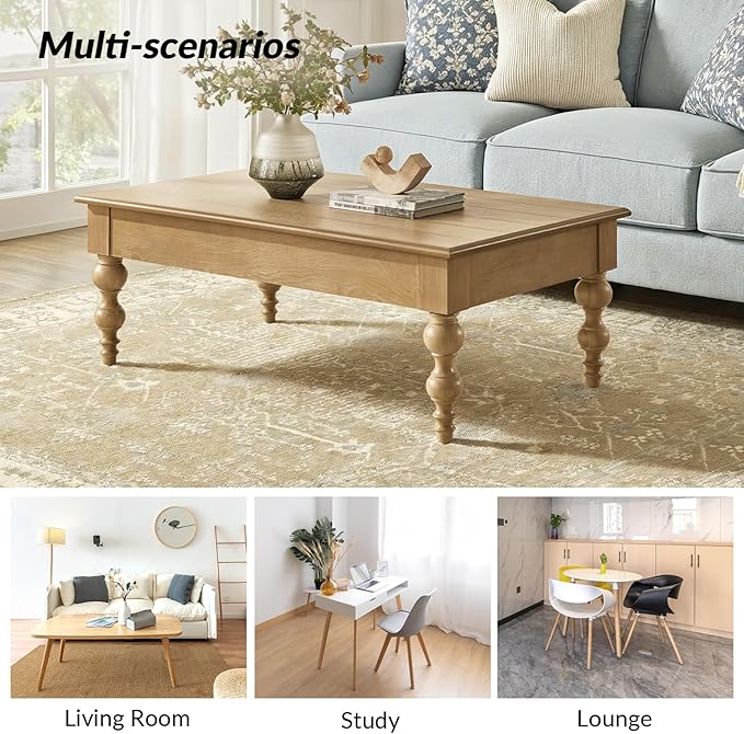 HULALA HOME Coffee Table Lift Top with Storage, Gourd-Shaped Legs, Wood Convertible Table for Living Room, Natural