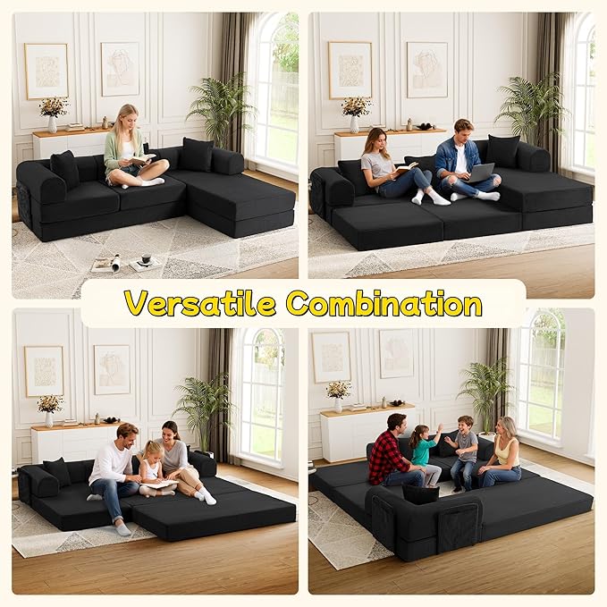 106.3" L Shape Convertible Sleeper Sofa Bed, Oversized Modular Sectional Cloud Sofa with Fixed-Shape Frame & Storage Pocket, Boneless Couch for Living Room, No Assembly Required, Black