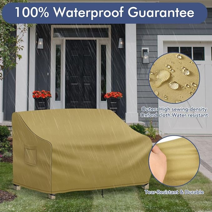 Richwon Outdoor Couch Cover Waterproof, 4-Seater Outdoor Sofa Cover, Patio Furniture Covers with Air Vent and Handles, 104W x 40D x 33H Inches, Khaki - Image 6