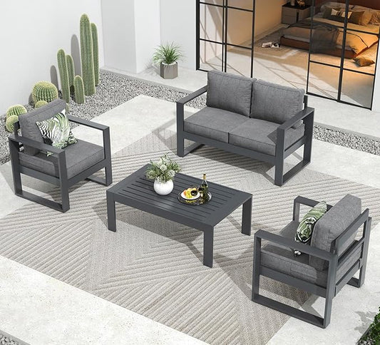 Outdoor Aluminum Furniture Set - 4 Pieces Modern Patio Conversation Sets Metal Sectional Sofa with Coffee Table