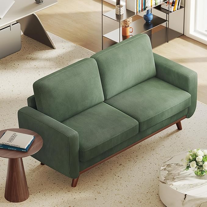 68" Green Corduroy Loveseat Sofa, Comfy Deep Seat Couch with Spring Cushion & Solid Wood Frame, Modern 2-Seater Sofa for Living Room Bedroom Office