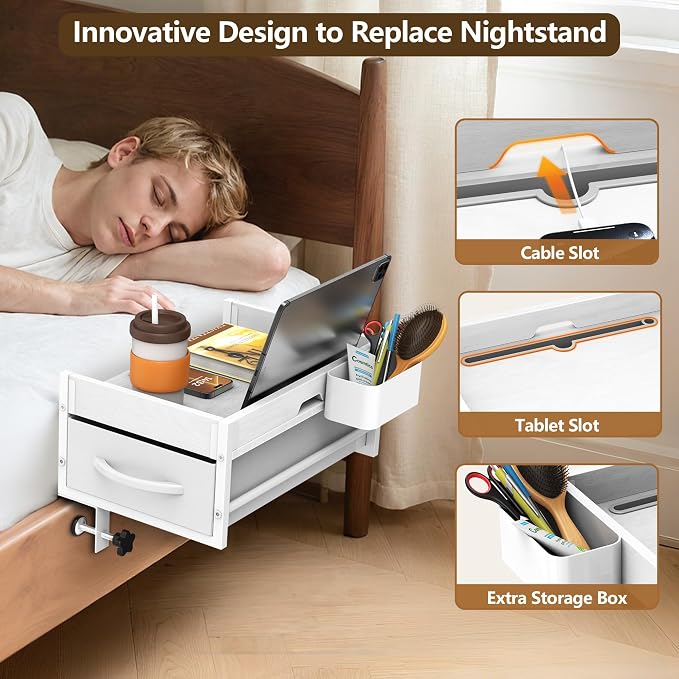 2 Tier Bedside Shelf for Dorm Bunk Bed, Under Mattress Bedside Shelf Clip On Nightstand with Fabric Drawer, Bed Side Table Tray Organizer, Bedside Tray with Cable Management, Back to School (white) - Image 4