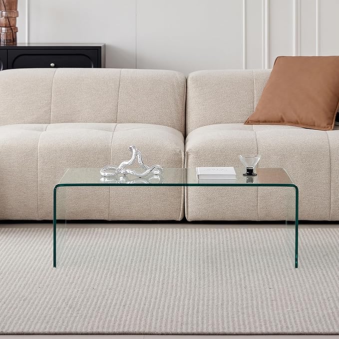 Glass Coffee Table, Modern Clear Coffee Tables for Living Room, Small Rectangle Tempered Glass Table Waterfall Sofa End Tables 39.3" x 19.6" x 13.78"H