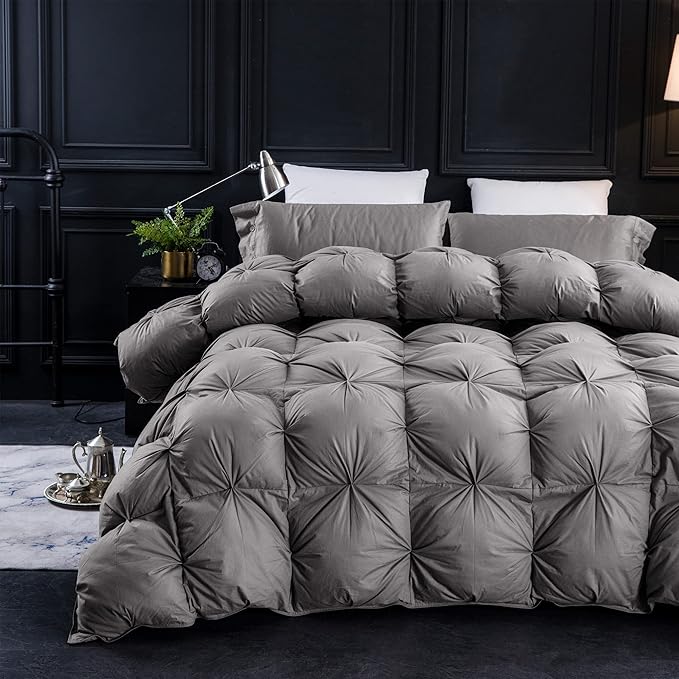 Three Geese Pinch Pleat Waterfowl Feathers and Down Comforter Palatial King Size Duvet Insert,750+ Fill Power,1200TC 100% Cotton, Premium All Seasons Gray Warm Hotel Comforter with 8 Tabs.