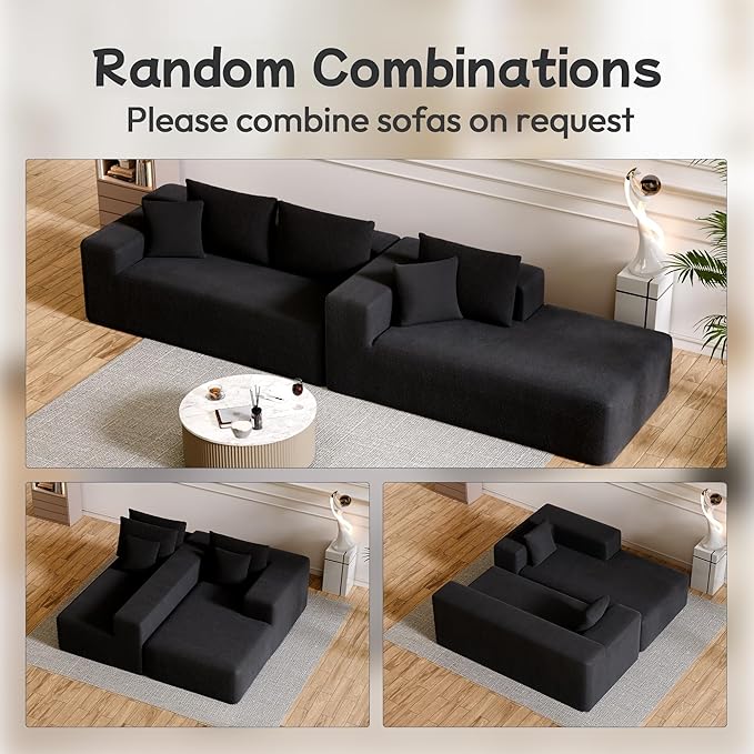 104” Sectional Cloud Couch, L-Shape Compressed Sofa with Left Chaise Lounge, Modern Modular Cloud Couches with 2 Pillows & Deep Seat, Rain Drop Velvet Floor Sofa for Living Room, Black