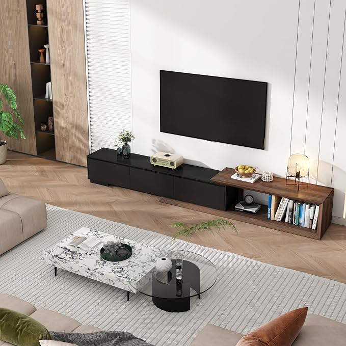 chartustriable Extendable TV Stand with 3 Drawers, Modern Minimalist Entertainment Center, Reversible Long TV Media Console, Bevel Design, 82-107.3 Inch, Black & Walnut - Image 2