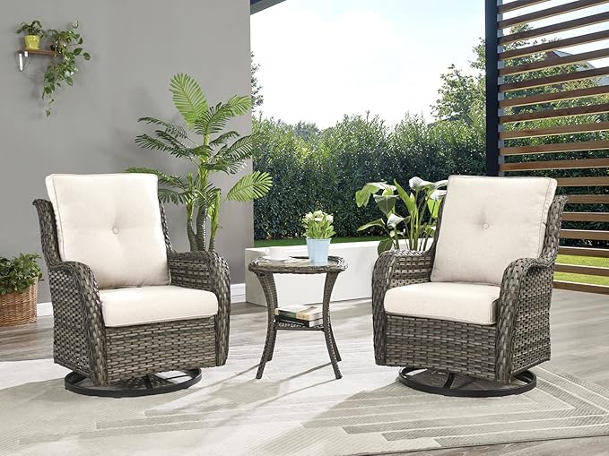 Rilyson Wicker Rocking Chair Swivel Chairs – 6 Piece Rocker Patio Furniture Set Rattan Rocking Bistro Sets with Glass Top Side Table for Outdoor Porch Deck Garden Backyard(Mixed Grey/Beige)