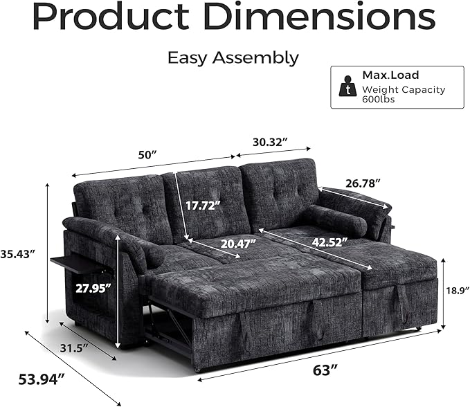 3 in 1 Convertible Sofa Bed, Chenille Pull Out Couch with Side Table, 3 Seat Pull Out Sofa Bed with Level Adjustable Backrest, Comfy Sleeper Sofas for Living Room, Apartment, Black