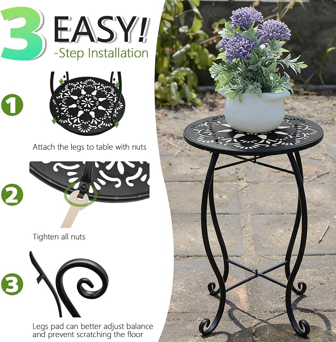 Arbuxzuy 2 Packs 17" Tall Round Metal Outdoor Side Tables for Patio, Decorative Black Flower Pot Stand, Rustproof Potted Holder, 120 lbs Load Capacity - Image 6