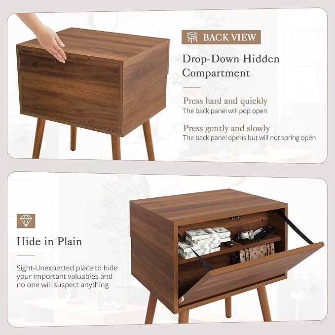 Hidden Compartment Nightstands, Mid Century Modern Concealment Furniture, Bedside Table with Wood Legs, End Table with Storage Drawer for Bedroom (1,Walnut) - Image 4