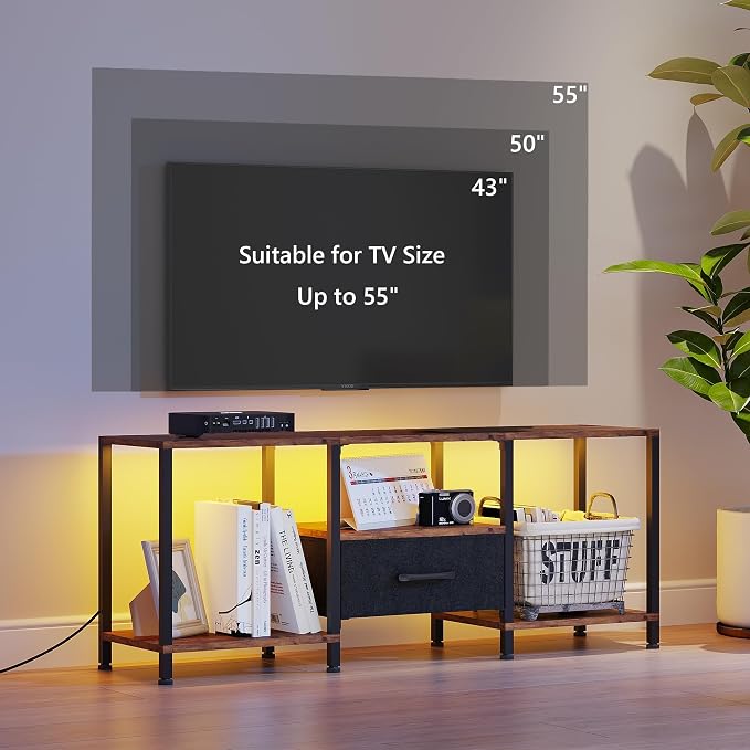 JARHETUN TV Stand with LED Lights, Entertainment Center with Open Shelves and Fabric Drawer, Media Console for 55 Inch TV, Television Stands, Living Room Furniture, Bedroom, Rustic Brown - Image 6