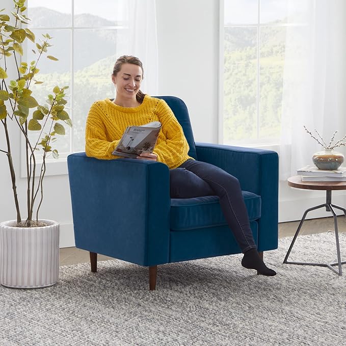 Edenbrook Lynnwood Upholstered Accent Chair - Living Room Furniture - Office - Bedroom - Mid-Century Modern Design - Armchair - Buttonless Tufting - Simple Assembly - Solid Frame - Navy Velvet