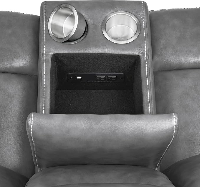 Coaster Home Furnishings - Conrad - Faux Leather Upholstered Padded Arm Glider Loveseat with Cup Holders, USB Port, Storage Drawer, and Power Outlet - Living Room & Home Theater - Gray - 650355
