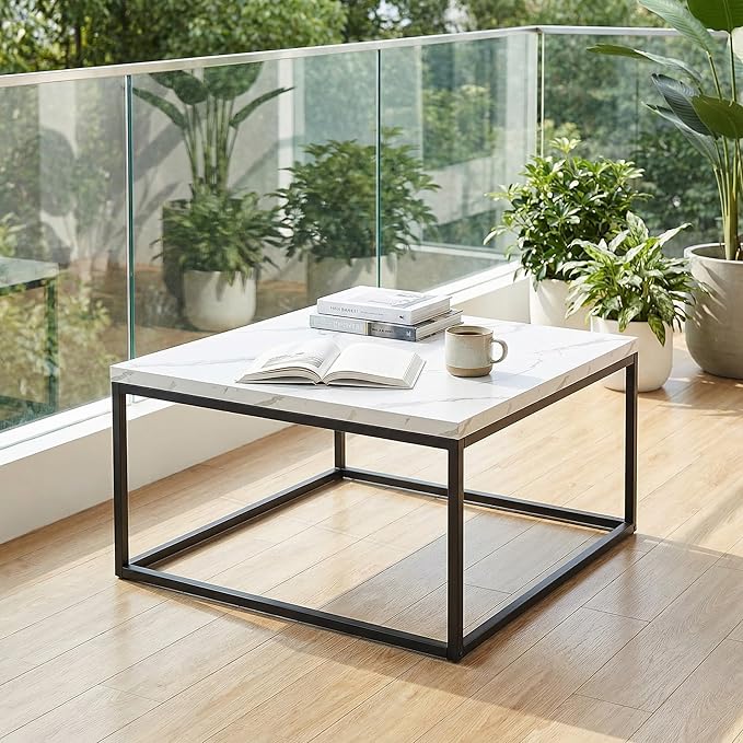 CENSI 30" Square Coffee Table, White Faux Marble Center Table for Living Room, Modern Minimalist Cocktail Table with Black Metal Frame, Extra Thick 1.2" Wood Top, Sturdy & Easy Assembly