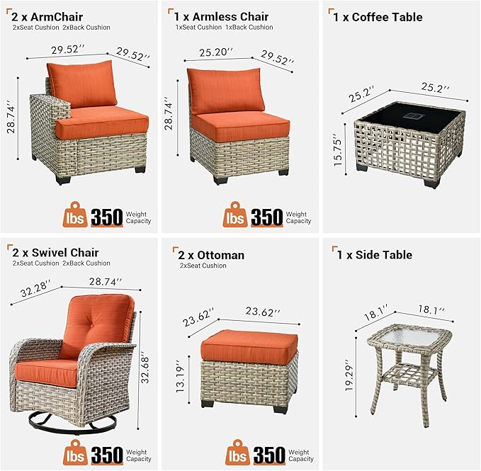 ovios 9 Piece Patio Sectional Furniture with Swivel Rocking Chairs, Rattan Wicker Coversation Set with Glowing Coffee Table, Outdoor Sofa Set for Outside Porch Balcony Backyard Pool, Orange