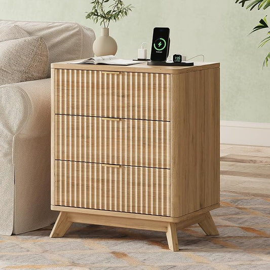 30" Tall Fluted NightStand,3 Drawers End Table with Charging Station,Modern Side Table with Storage, Night Stand Wood Bedside Tables for Bedroom,Curved Profile Design,Natural Oak by TROJMHome