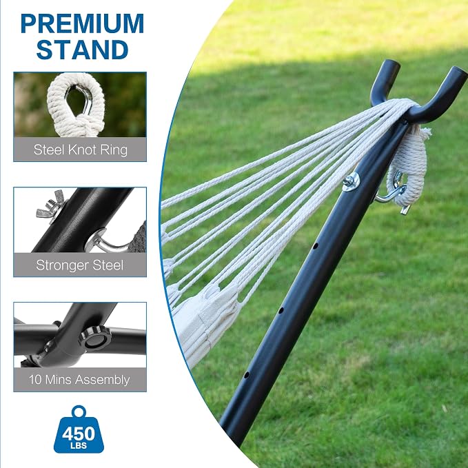 PNAEUT Double Hammocks with Stand for Outside, Portable Space Saving Heavy-Duty Steel Stand for Indoor Outdoor Patio with Carrying Bag, 450 lbs Capacity (Beige) - Image 7