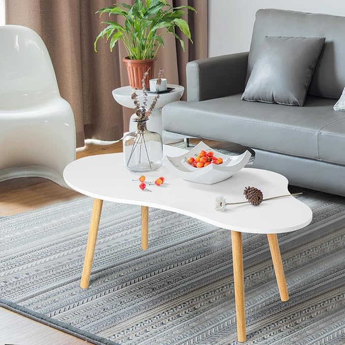 Small Coffee Table, Modern Coffee Table Small White Coffee Tables, Living Room Center Minimalist Display Coffee Desk with Cloud Shape, 39.4" x19.7 x16.1 Irregular Coffee Tables White