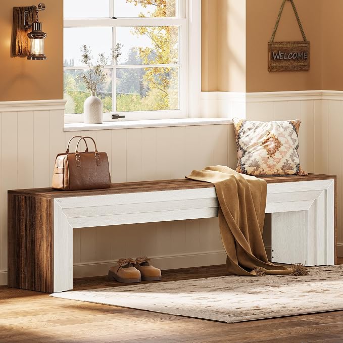 Tribesigns 71" Extra Long Entryway Bench, Modern Farmhouse Shoe Bench Wooden Indoor Seating with Layered Design for Hallway, End of Bed, Living Room, Sofa Back, Dining Room, Rustic Brown & White - Image 8