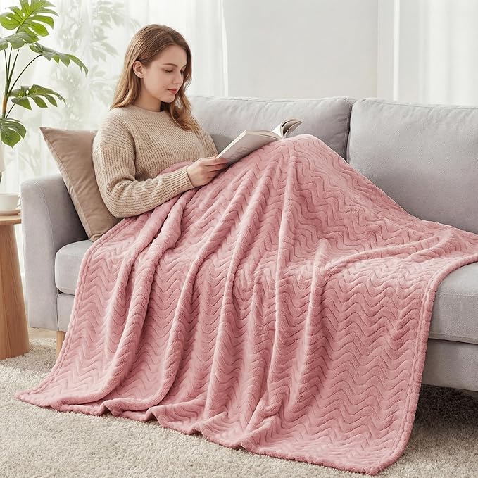 Exclusivo Mezcla Twin Blanket for Bed, Cozy Lightweight Fleece Blankets for All Season, Decorative Giftable Fuzzy Plush Wave Textured Suitable for Women, Men, Pink, 90x66 Inches