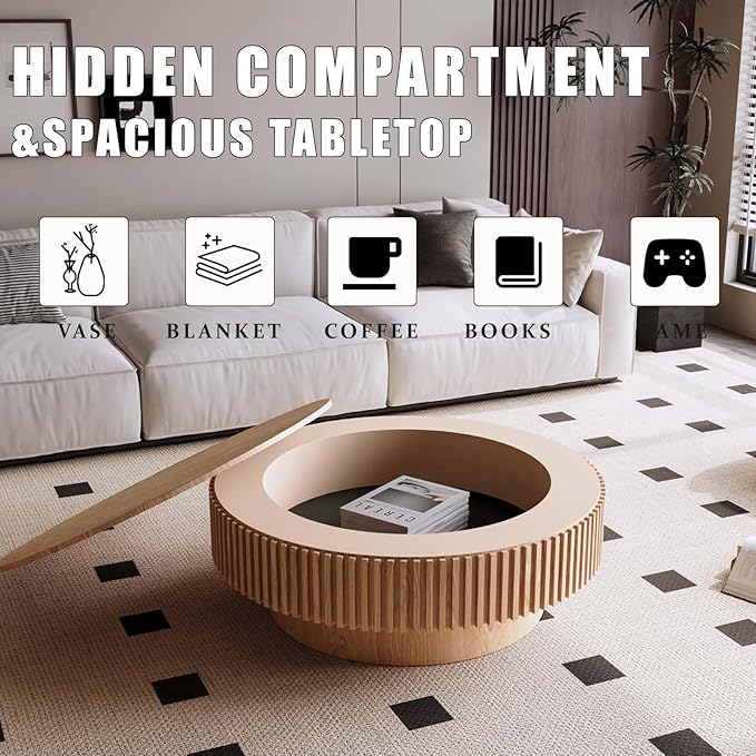 39'' Large Round Coffee Table with Storage, Fluted Coffee Table with Solid Wood Veneered, Mid Century Modern Wooden Center Table, Accent Tea Table for Living Room Apartment, Natural