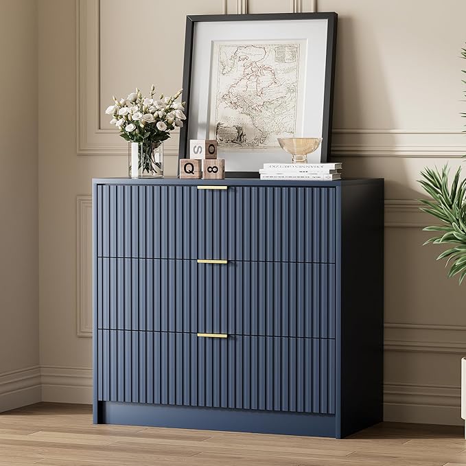Furniway Blue Dresser Bedroom Set 3 Pieces, Nightstands Sets of 2, 9 Drawer Dresser with Gold Handles for Bedroom