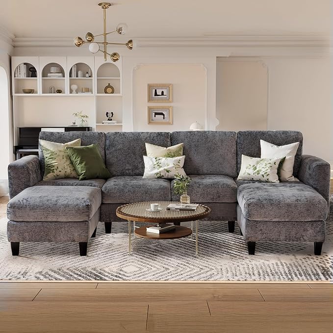 118" Sectional U-Shaped Cloud Couch, Modular Modern 4-Seat Sofa, with USB Type C Ports, Foldable Side Table and 2 Ottomans, for Home Living Room, Grey