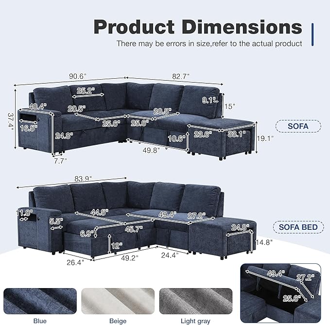 ERYE L-Shaped Multifunctional Sleeper Sectional with Hidden Storage and Cupholders, Modern Pull Out Sleeper Convertible Sofa Bed W/Storage Chaise, Ottoman, USB-C Ports