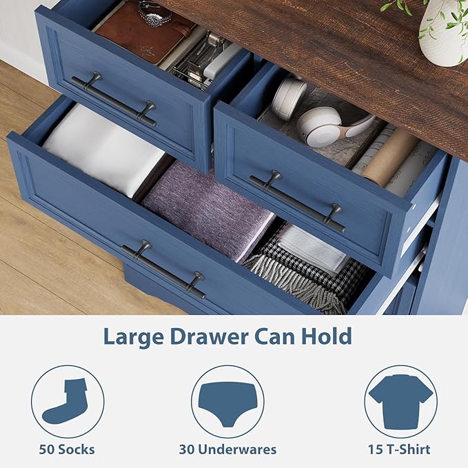 Bedroom Set, 3 Pieces Bedroom Furniture Set, Wood 6 Drawer Dresser and 3 Drawers Nightstands with Charging Station, Farmhouse Storage Organizer Cabinet for Bedroom, Blue