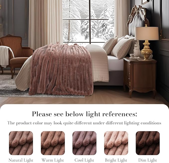 Amélie Home Faux Fur Throw Blanket for Couch, Ultra Cozy Fuzzy Fluffy Fur Luxurious Soft Striped Plush Gift Blankets for Family Sofa Chair Bedroom, 60"x80", Cationic Fox Pink Brown