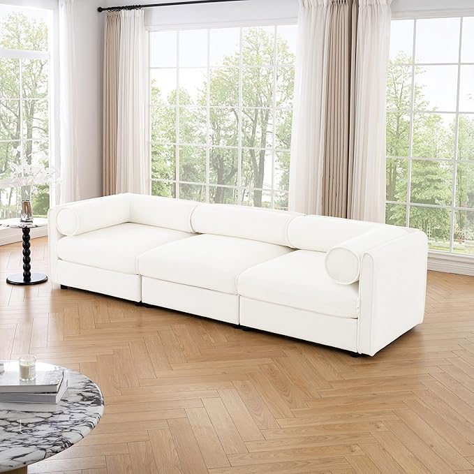 KEIKI 109" Oversized Modular Chenille Sectional Sofa with Storage Seat, Modern Style 3-Seater Couch with Cylindrical Backrest and Armrests, Easy Assembly, for Apartment, Living Room, White