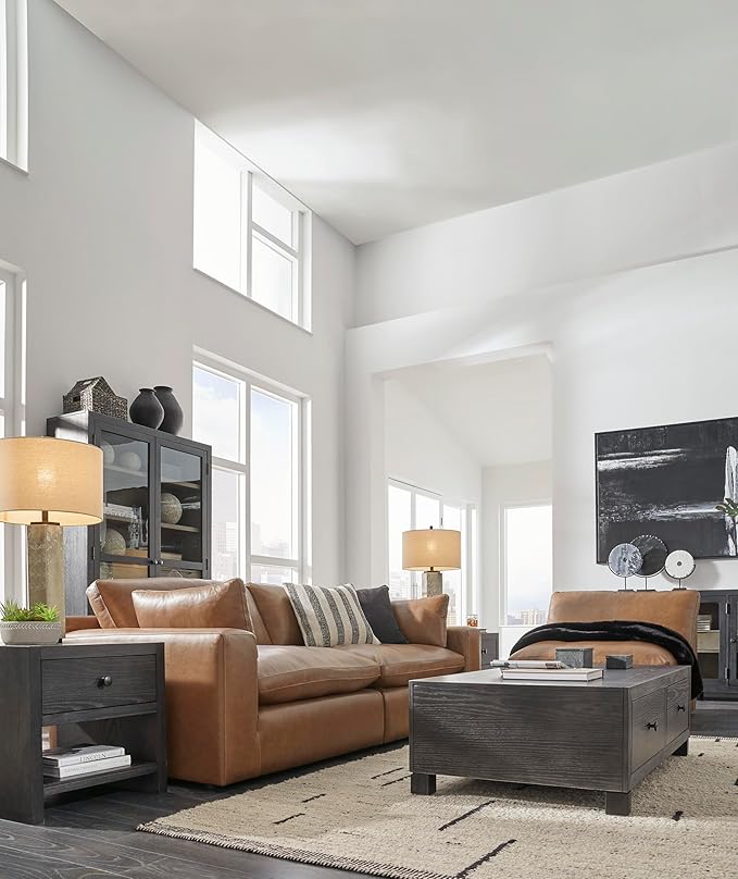 Signature Design by Ashley Emilia Modern Leather Match 3-Piece Sectional Sofa with Loose Back Cushions and 2 Bolster Pillows, Light Brown