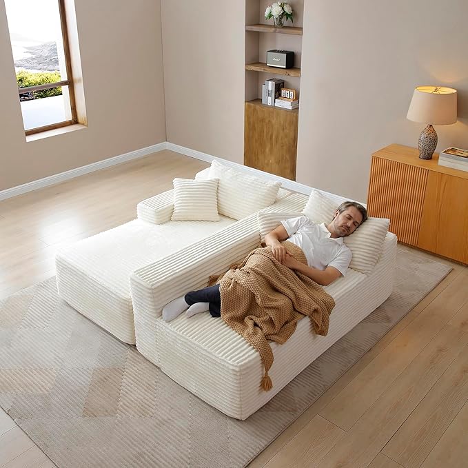 105-Inch L-Shaped Left Facing Corner Compressed Sofa Modular Sectional Boneless Cloud Sofa Floor Foam Couch with Chaise Lounge, Corduroy Corner Boneless Cloud Couch